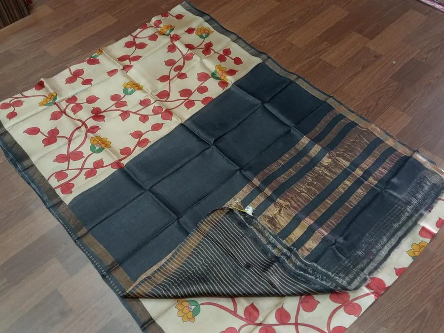 Pure Handloom Tussar Silk Hand Painted Pen Kalmakari Saree